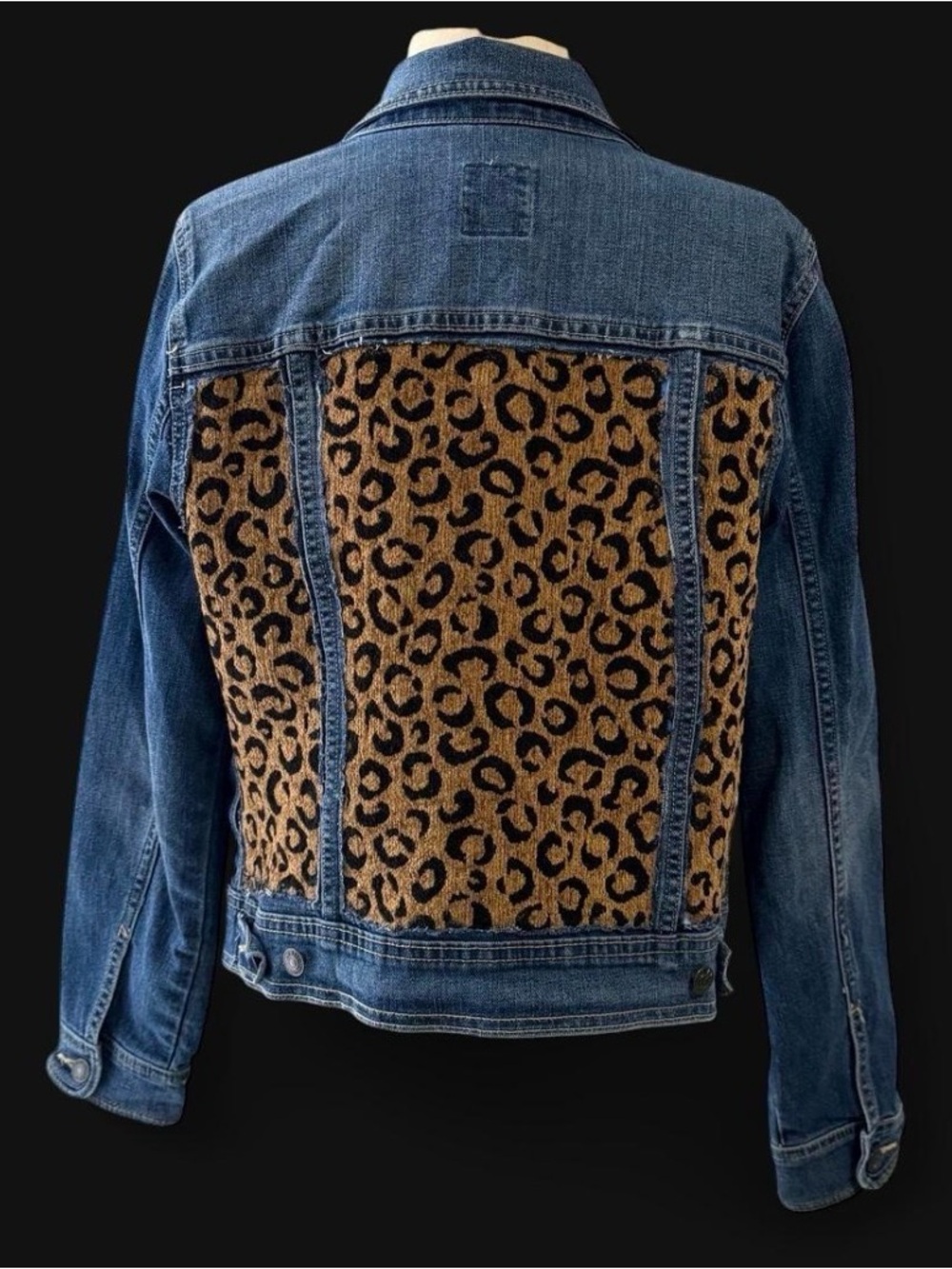 Upcycled gem! Old Navy Blue Denim Jacket with Leopard-Print Back Panel